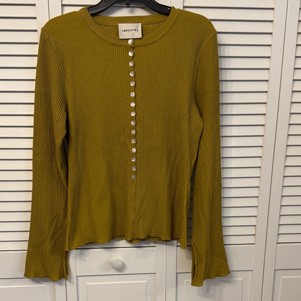 Chartreuse Button-Front Ribbed Long Sleeve Top
